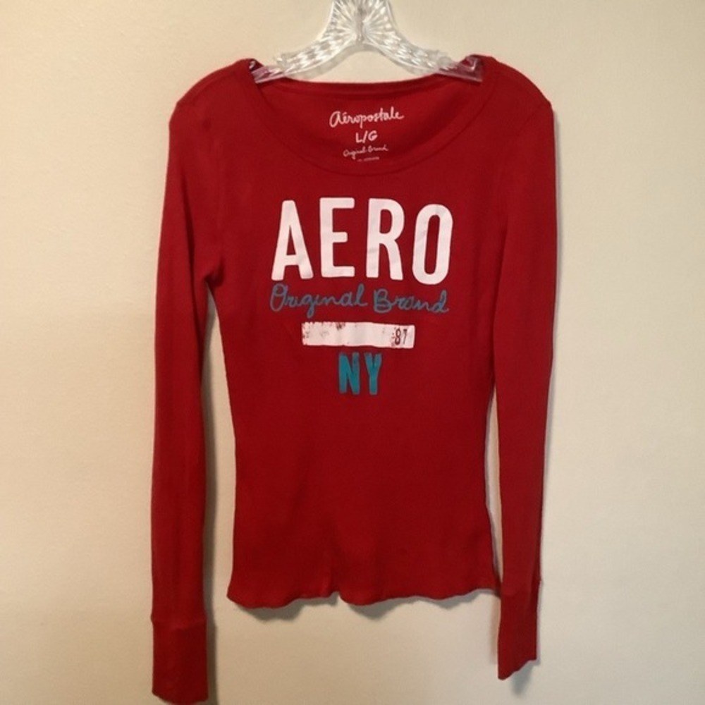 Aeropostale Womens Red Waffle Knit Thermal Graphic Long Sleeve Shirt Large